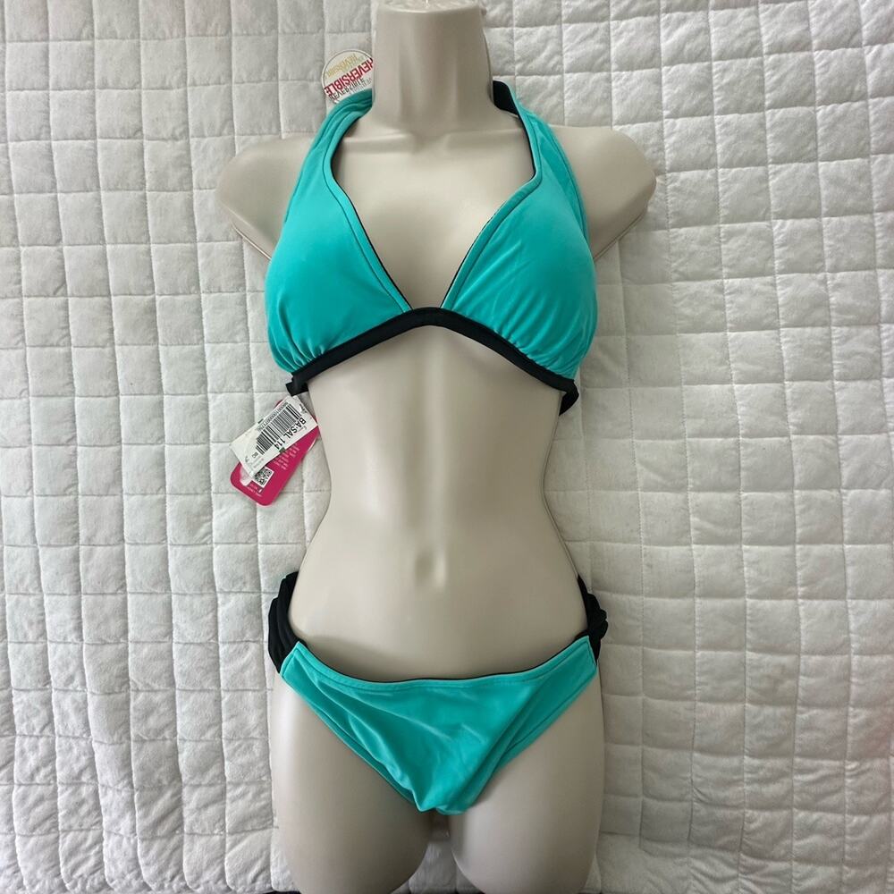 Hula Honey Bikini Womens Large Blue Black Reversible Swimwear Halter Beach